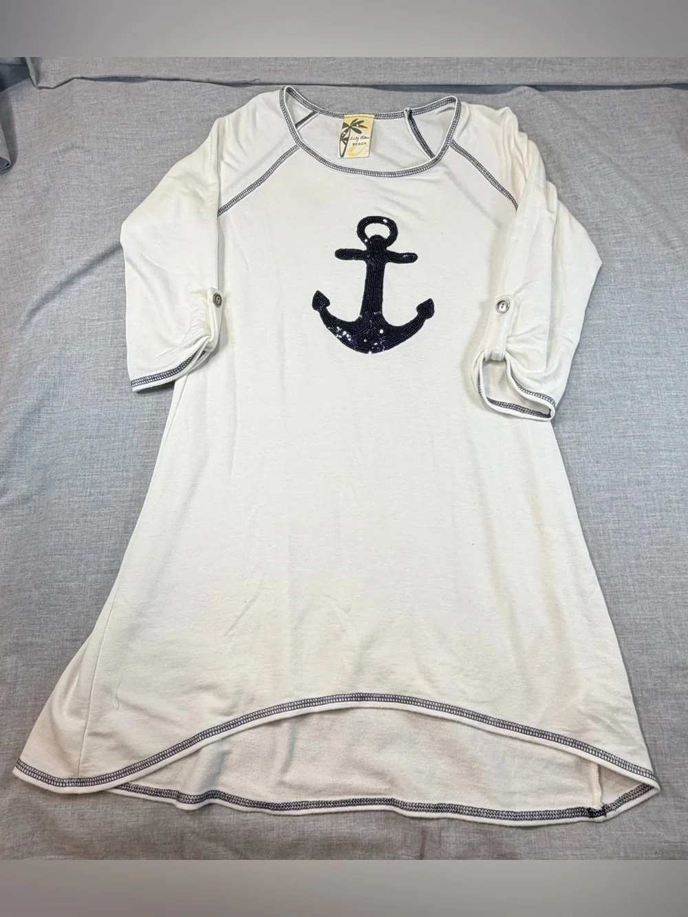 Sequin Anchor Beach Covor Up  - White with Navy Anchor